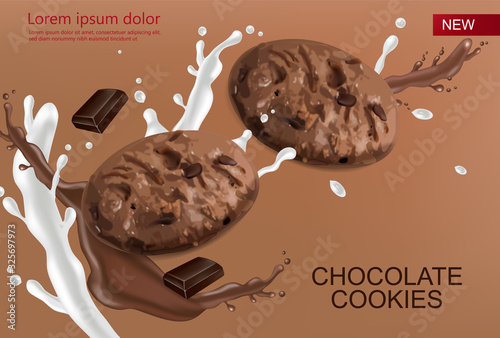 Chocolate cookies vector realistic mock up. Declious dessert chocolate and milk splash. 3d detailed chocolates