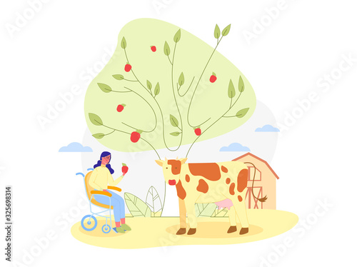 Country Life in Open. Young Wheel Chaired Woman, Wearing Glasses, Offering Red Ripe Apple to Spotted Cow. Apple Tree Orchard in Front Village House. Salubrious Fresh Air for Speedy Recovery. © Mykola