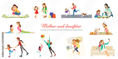 Concept of friendly family and Motherhood child-rearing playing walking with kids retro cartoon icons banners set isolated vector illustration.