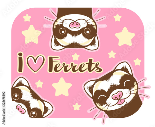 Cute ferrets with lettering on the pink background.