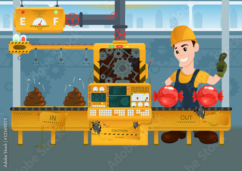 Broken factory Industrial machine manufacture convoy unit construction engineering equipment with engineer. Vector illustration of an assembly line producing candys from a shit. Conveyor in flat style