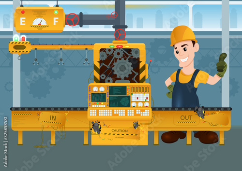 Broken factory Industrial machine manufacture convoy unit construction engineering equipment with engineer. Vector illustration of an assembly line producing. Conveyor in flat style