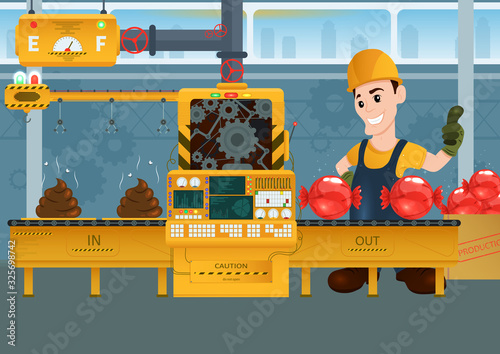 Factory Industrial machine manufacture convoy unit construction engineering equipment with engineer. Vector illustration of an assembly line producing candys from a shit. Conveyor in flat style