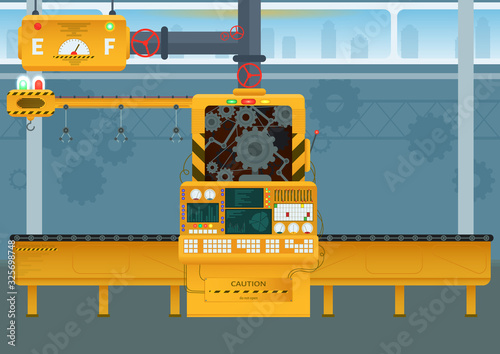 Factory Industrial machine manufacture convoy unit construction engineering equipment. Vector illustration of an assembly line. Conveyor in flat style