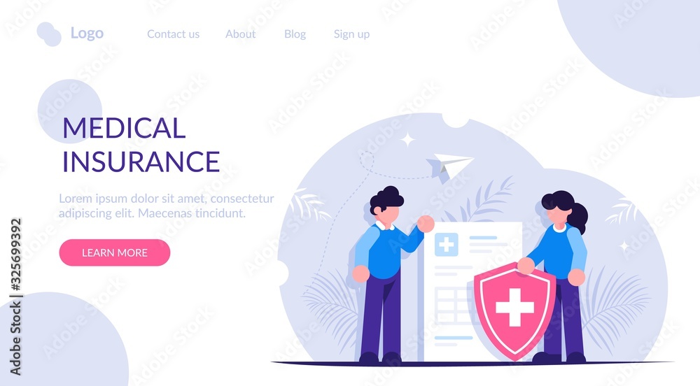 Healthcare concept. People stand in the background of a medical document and a shield. Health insurance. Modern flat vector illustration. Landing web page template.