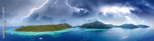 Surin Islands National Park from drone with storm approaching, Thailand