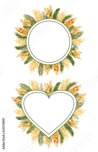 2 Geometric frame with Mimosa branches on the outer edge on a white isolated background.