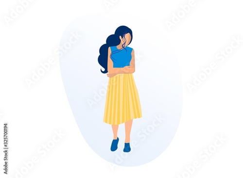 Slim Long Haired Girl Posing in Blue and Yellow Dress and Sneakers Isolated on White Background, Woman Model in Trendy Clothing Stand with Crossed Arms Teenage Fashion Cartoon Flat Vector Illustration