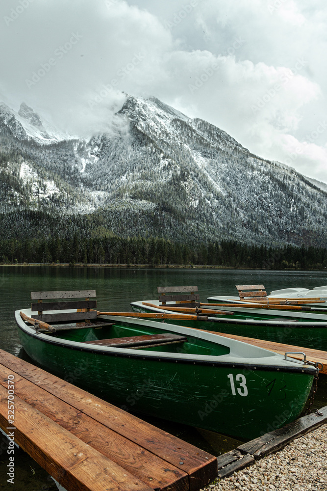 boats on a lake in the mountains of Bavaria, Hintersee Ramsau