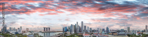 Singapore skyline. Panoramic view from drone at sunset