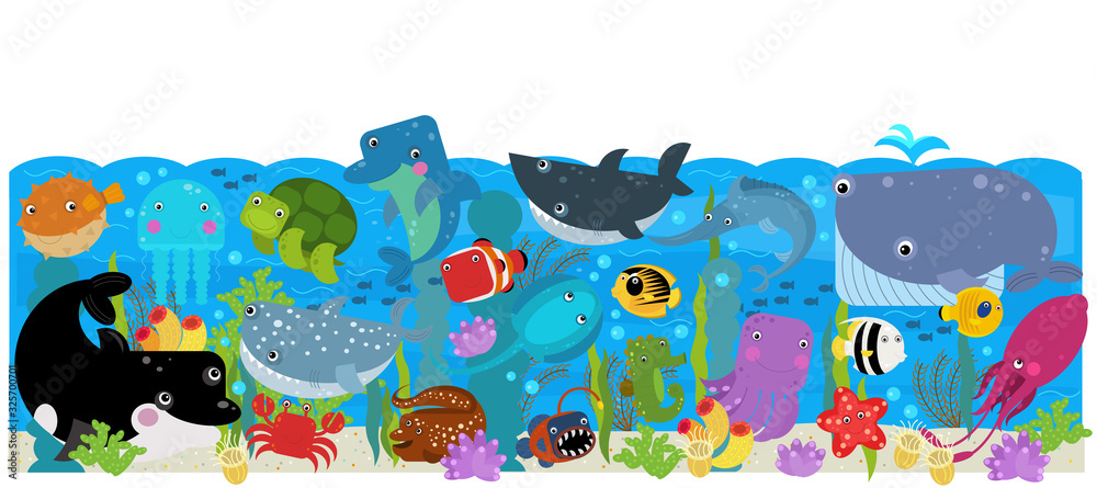 Naklejka premium cartoon scene with different sea or ocean animals in the coral reef illustration