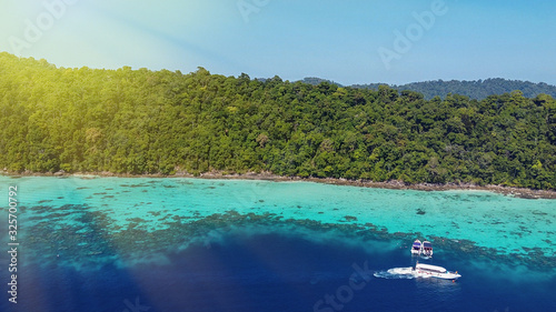 Amazing aerial view of Surin Islands from drone on a sunny day, Thailand. Surin National Park © jovannig