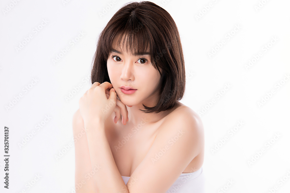 Portrait beautiful young asian woman clean fresh bare skin concept. Asian girl beauty face skincare and health wellness, Facial treatment, Perfect skin, Natural makeup, on white background, Portrait beautiful young asian woman clean fresh bare skin concept. Asian girl beauty face skincare and health wellness, Facial treatment, Perfect skin, Natural makeup, on white background,