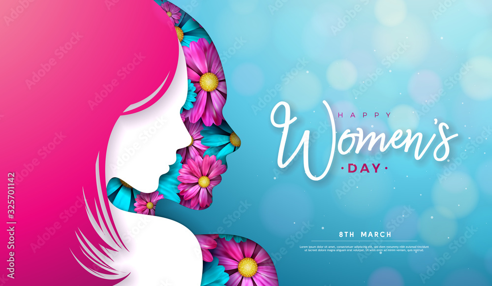 Naklejka 8 March. Women's Day Greeting Card Design with Young Woman Silhouette and Flower. International Female Holiday Illustration with Typography Letter on Blue Background. Vector Calebration Template.