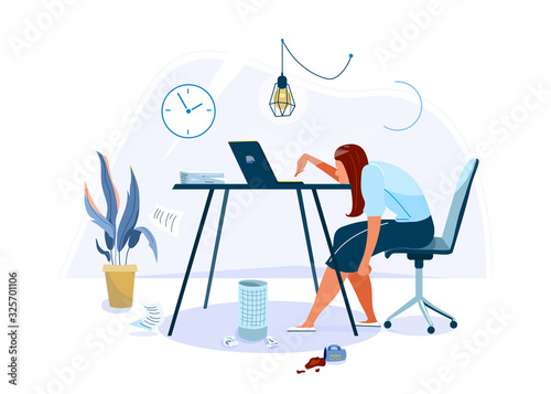 Tired female office worker sitting on the chair and trying work at the computer. Burnout concept vector background. Business flat cartoon illustration isolated on white backdrop