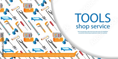 Tools Shop Service Website Design. Accessories for Painting Walls at Home Flat Cartoon Vector Illustration. House Repair and Renovation Landing Page. Equipment such as Wrench, Paint Roller.