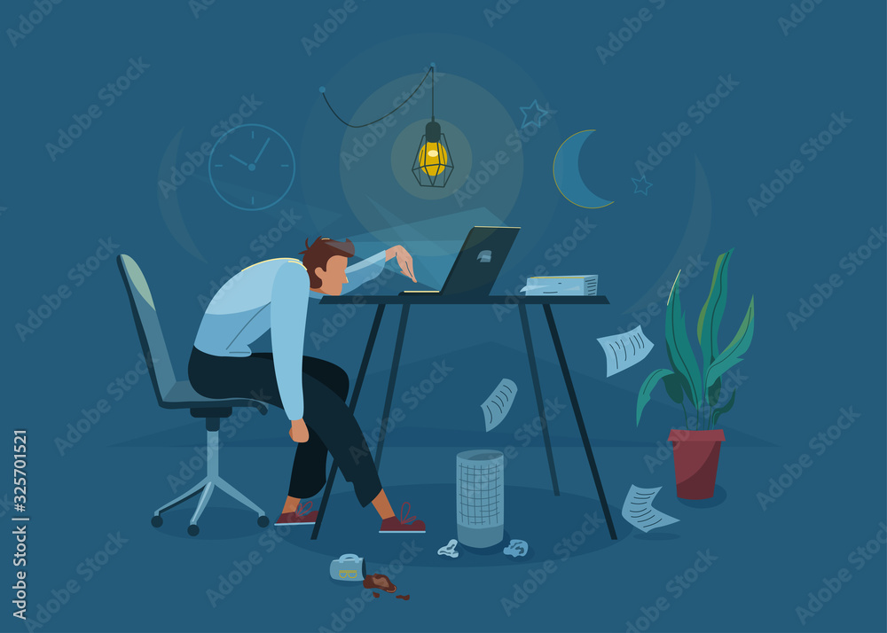 Burnout concept vector background. Tired man sitting on an office chair and trying work at the computer. Nighttime. Business flat cartoon illustration Stock Vector | Adobe Stock Burnout concept vector background. Tired man sitting on an office chair and trying work at the computer. Nighttime. Business flat cartoon illustration Stock Vector | Adobe Stock