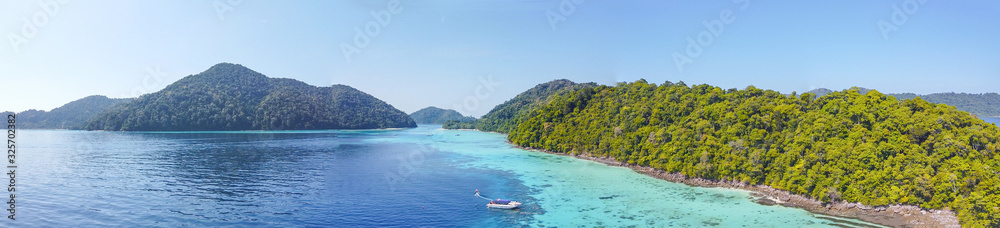 Surin Islands, Thailand. Panoramic aerial view of lagoon and forest. Mu Ko Surin National Park