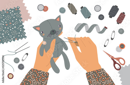 Vector illustration the tailor hands sew cat toy. Top view workplace with sewing equipment in the Workshop. Education of the handwork concept isolated on white background. Use in your unique design.