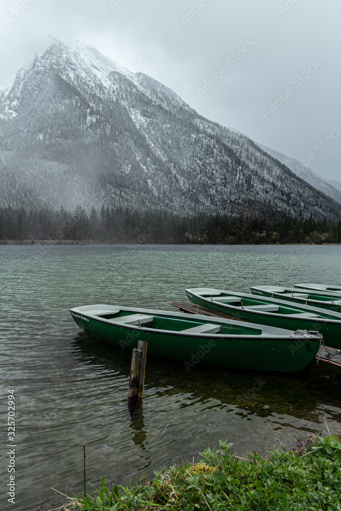 boats on a lake in the mountains of Bavaria, Hintersee Ramsau