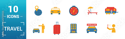 Travel icon set. Include creative elements compass, aircraft, taxi, credit card, sun and mountains icons. Can be used for report, presentation, diagram, web design