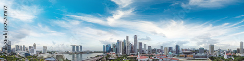 Photography Singapore skyline. Panoramic view from drone at sunset