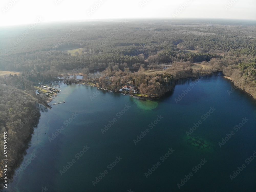 Aerial view of blue lake Werbellinsee, Barnim, Brandenburg, Germany