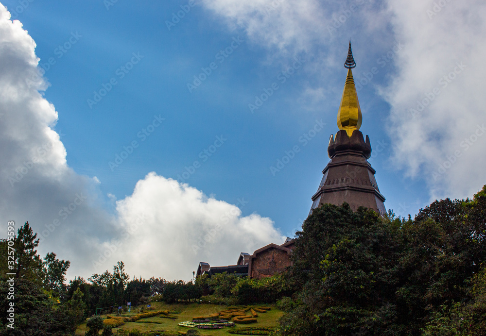 Fototapeta premium Landscape of temple at the mountain with blue sky background.
