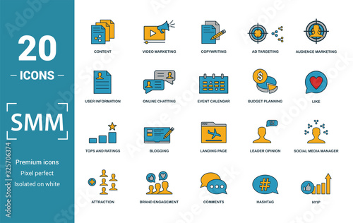 Smm icon set. Include creative elements content, copywriting, user information, budget planning, tops and ratings icons. Can be used for report, presentation, diagram, web design