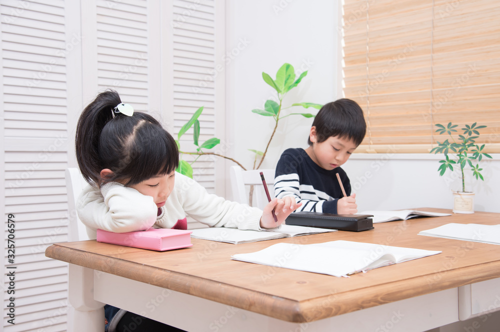 ダイニングで勉強をする小学生の子供 ダイニングで勉強をする小学生の子供