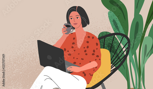 Cute woman sitting on chair with laptop in cozy scandinavian home interior. Girl working at home in home office. Daily life of freelance worker, everyday routine. Cartoon vector