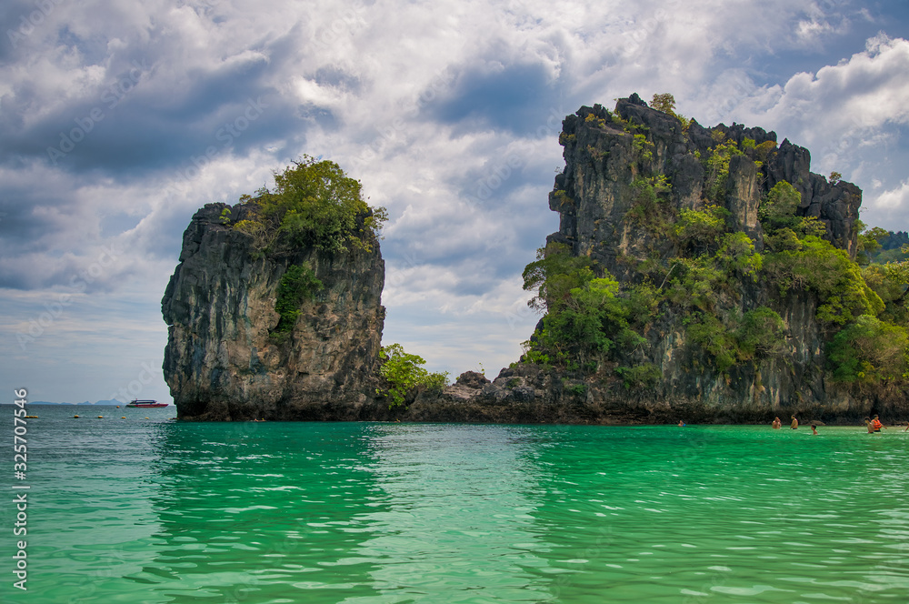 KO HONG, THAILAND - DECEMBER 18, 2019: Ko Hong Island with tourists on the beach
