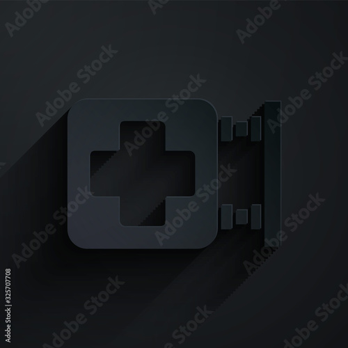 Paper cut Hospital signboard icon isolated on black background. Paper art style. Vector Illustration