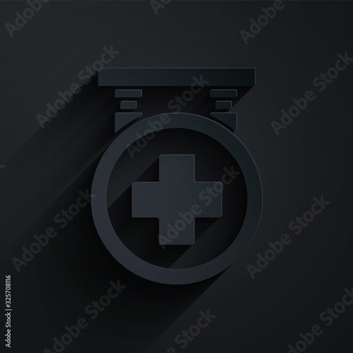 Paper cut Hospital signboard icon isolated on black background. Paper art style. Vector Illustration
