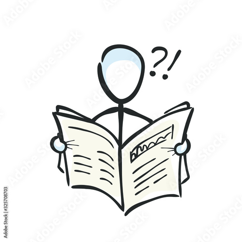 Man reading newspaper journal. News article. Hand drawn. Stickman cartoon. Doodle sketch, Vector graphic illustration