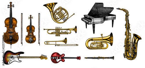 Jazz classical wind instruments set. Musical Trombone Trumpet Flute Bass guitar Semi-acoustic French horn Saxophone Cello Tuba Violin Piano. Hand drawn monochrome engraved vintage sketch.