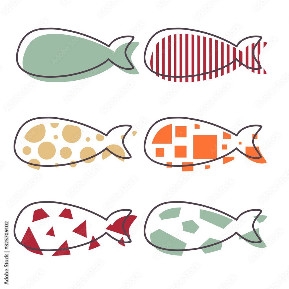 Pattern of fishes silhouette doodle brown line with colorful geometry overlap inside. Vector illustration. 
