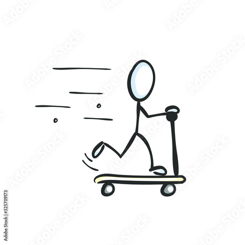 Riding a scooter fast. Kid on skate. Hand drawn. Stickman cartoon. Doodle sketch, Vector graphic illustration
