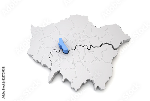 Greater London map showing Hammersmith and Fulham borough in blue. 3D Rendering photo