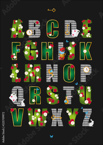Wonderland alphabet poster. Beautiful fantasy letters  with green leaves, red roses and white roses, gold frame, key, clock and cards. Vector illustration. 