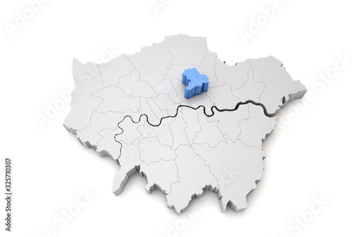 Greater London map showing Hackney borough in blue. 3D Rendering