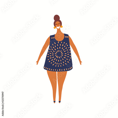 Hand drawn vector illustration of a beautiful dark skinned girl in casual clothes. Isolated people on white background. Flat style design. Female cartoon character. Modern woman concept, element.