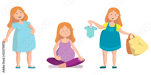 Vector set of pregnant women. Happy mother in pregnancy. Cartoon illustrations isolated on white background.