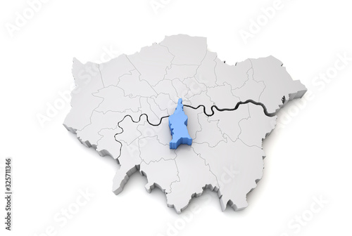 Greater London map showing Lambeth borough in blue. 3D Rendering photo