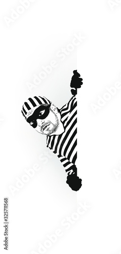 unshaven thief in a striped robe and black mask on his face peeps from around the corner