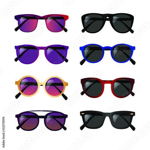 Set of realistic glasses, gradient and plain lenses, bright frames, vector illustration on a white background