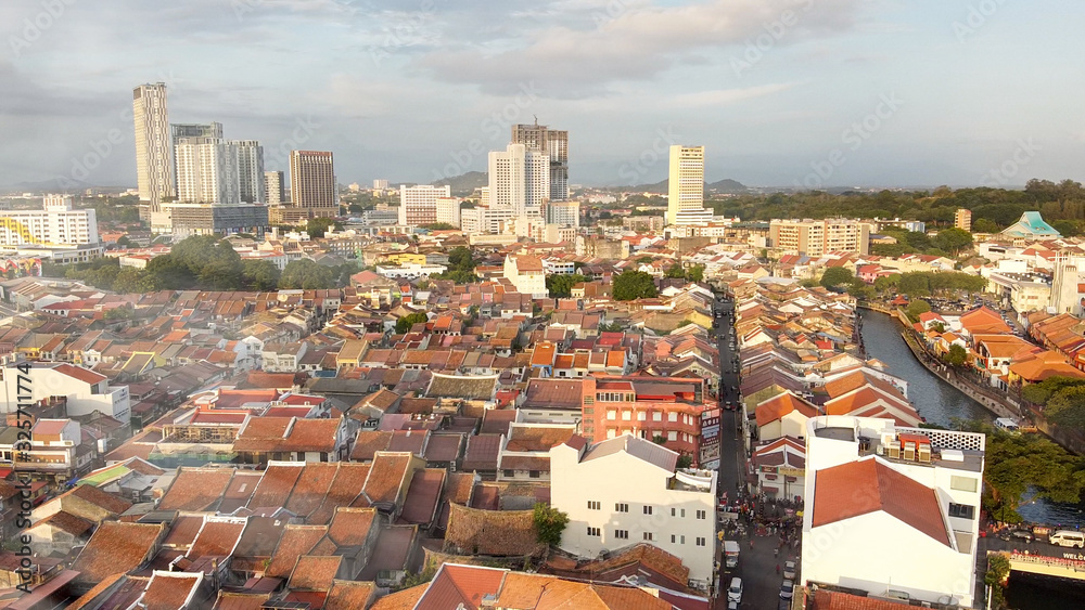 Melaka aerial view at sunset. Buildings of Malacca, Malaysia