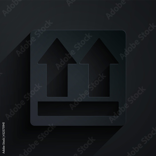 Paper cut This side up icon isolated on black background. Two arrows indicating top side of packaging. Cargo handled. Paper art style. Vector Illustration