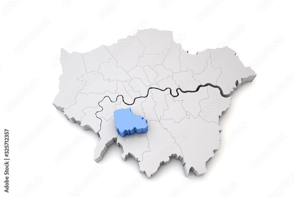 Fototapeta premium Greater London map showing Merton borough in blue. 3D Rendering