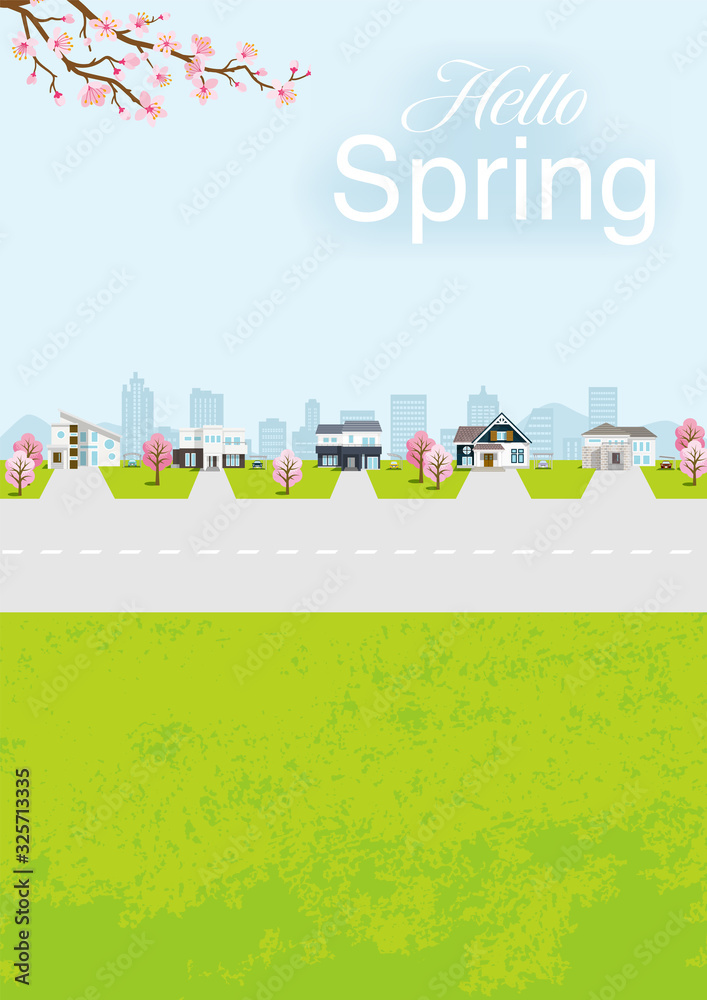Residential area in spring nature, vertical layout - included words 